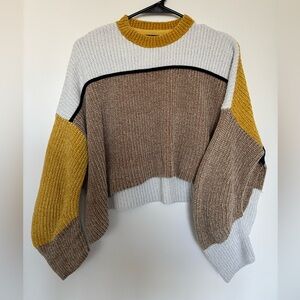 Urban Outfitters Cropped Colorblock White, Yellow, Brown, Navy Blue Knit Sweater